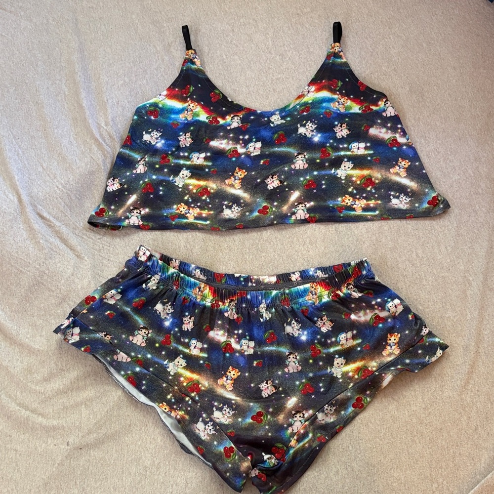 Galaxy Kitty Pajama Set - Navy with Multicolor Print